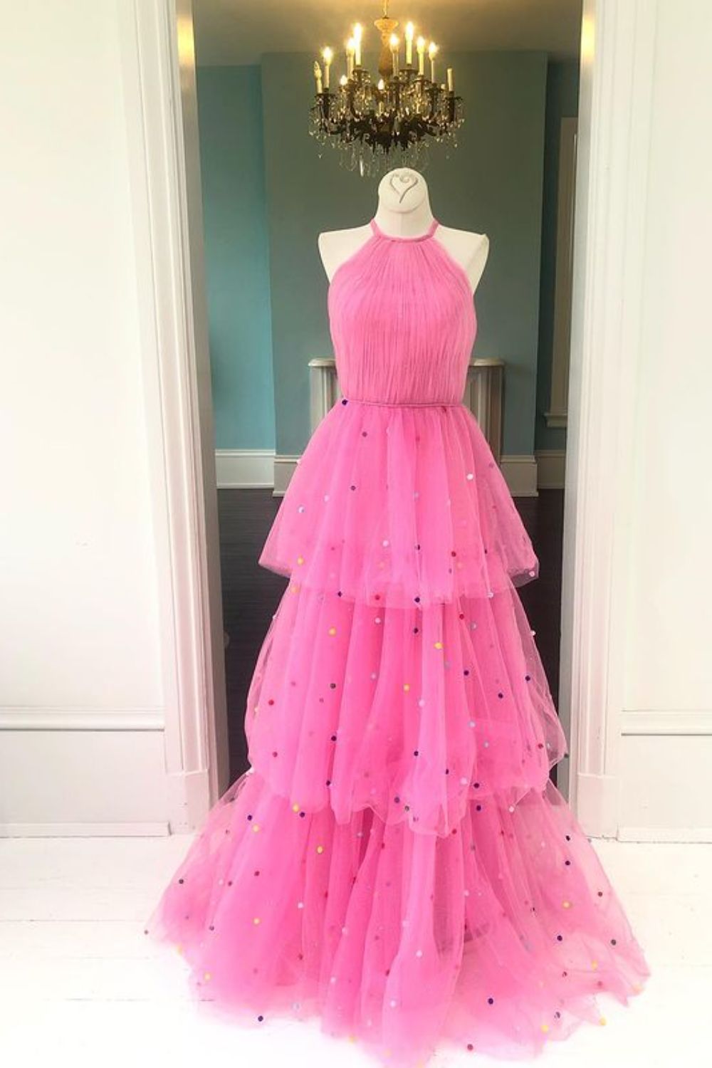 Dressime A-Line Halter Tulle Tiered Prom Dress with Colorful Dots