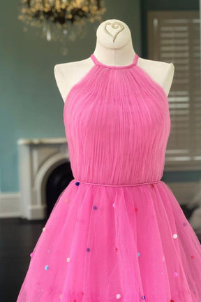 Dressime A-Line Halter Tulle Tiered Prom Dress with Colorful Dots