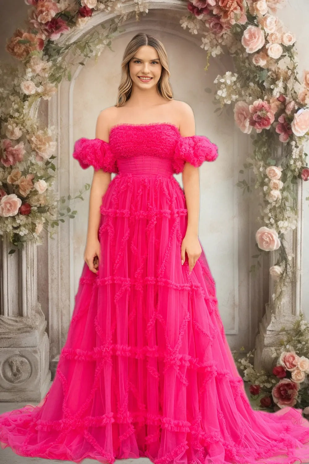 Dressime A-Line Strapless Corset Ruffled Tiered Long Prom Dresses
