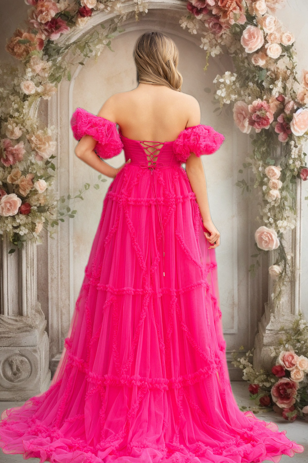 Dressime A-Line Strapless Corset Ruffled Tiered Long Prom Dresses