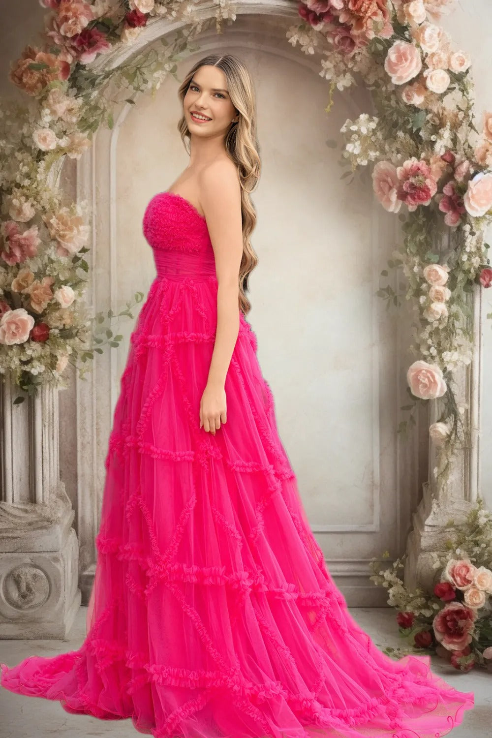 Dressime A-Line Strapless Corset Ruffled Tiered Long Prom Dresses