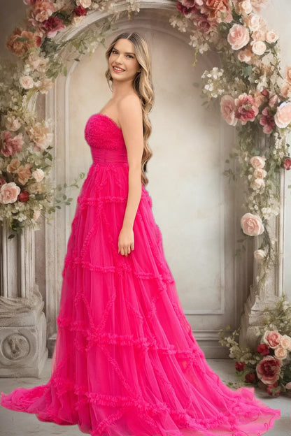 Dressime A-Line Strapless Corset Ruffled Tiered Long Prom Dresses