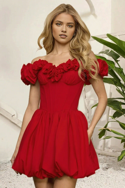 Dressime A Line Off The Shoulder 3D Flower Corset Bodice Bubble Mini Homecoming Dress