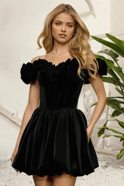Dressime A Line Off The Shoulder 3D Flower Corset Bodice Bubble Mini Homecoming Dress