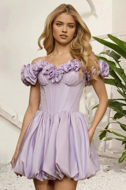 Dressime A Line Off The Shoulder 3D Flower Corset Bodice Bubble Mini Homecoming Dress