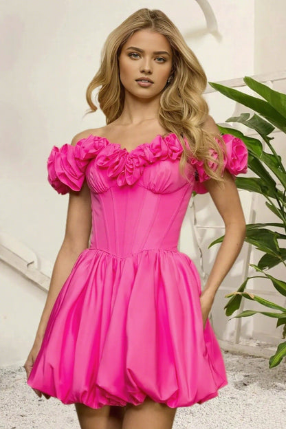 Dressime A Line Off The Shoulder 3D Flower Corset Bodice Bubble Mini Homecoming Dress