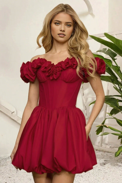 Dressime A Line Off The Shoulder 3D Flower Corset Bodice Bubble Mini Homecoming Dress