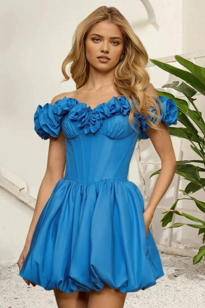Dressime A Line Off The Shoulder 3D Flower Corset Bodice Bubble Mini Homecoming Dress