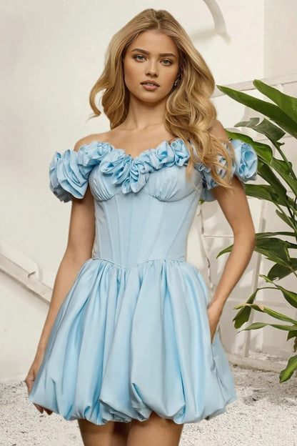 Dressime A Line Off The Shoulder 3D Flower Corset Bodice Bubble Mini Homecoming Dress