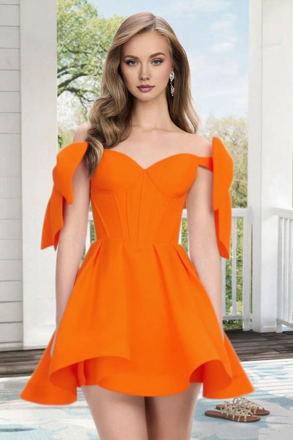 Dressime A Line Off The Shoulder Bow Corset Satin Mini Homecoming Dress