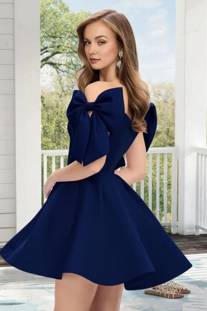 Dressime A Line Off The Shoulder Bow Corset Satin Mini Homecoming Dress