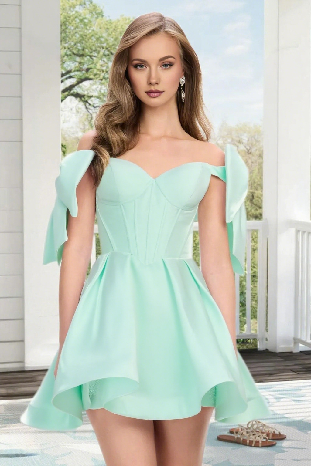 Dressime A Line Off The Shoulder Bow Corset Satin Mini Homecoming Dress