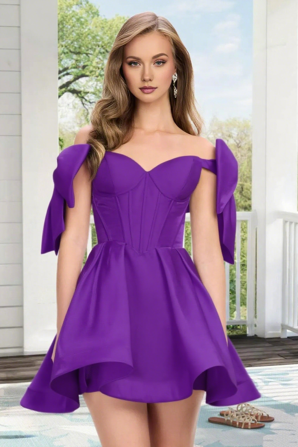 Dressime A Line Off The Shoulder Bow Corset Satin Mini Homecoming Dress