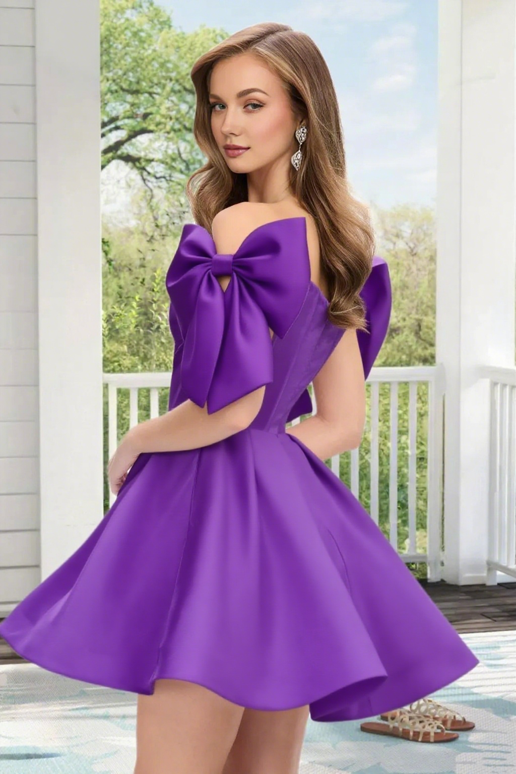 Dressime A Line Off The Shoulder Bow Corset Satin Mini Homecoming Dress