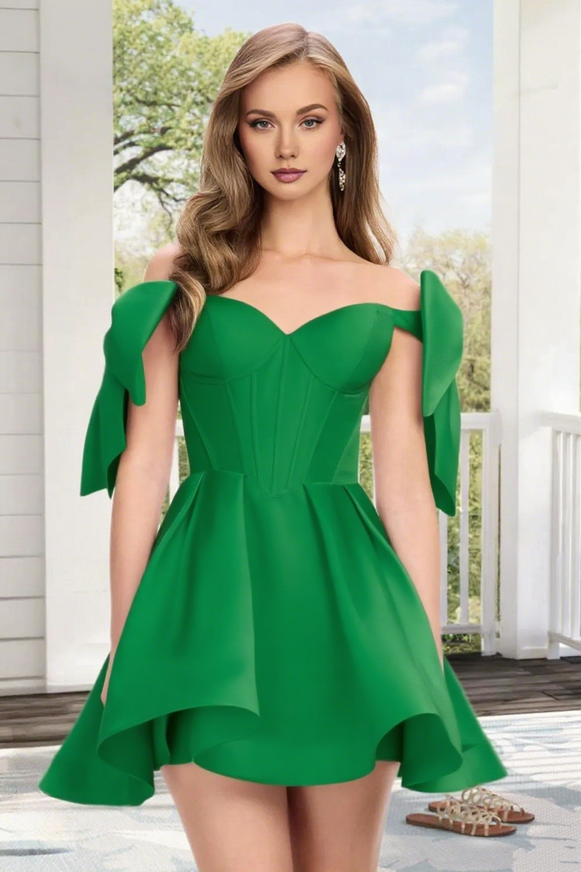 Dressime A Line Off The Shoulder Bow Corset Satin Mini Homecoming Dress