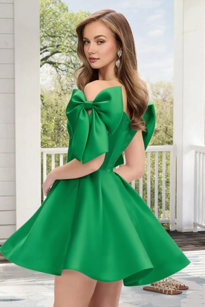 Dressime A Line Off The Shoulder Bow Corset Satin Mini Homecoming Dress