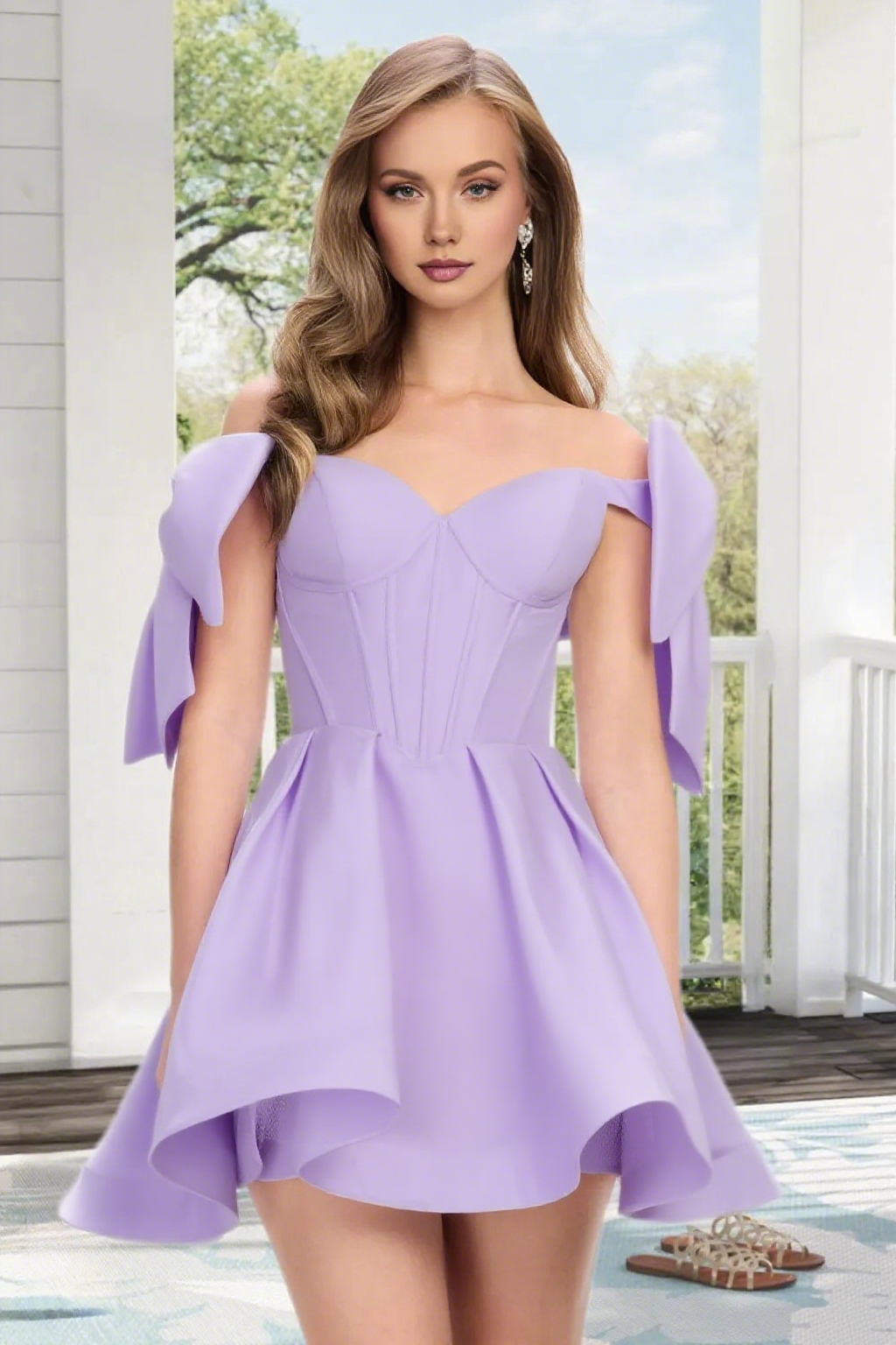 Dressime A Line Off The Shoulder Bow Corset Satin Mini Homecoming Dress