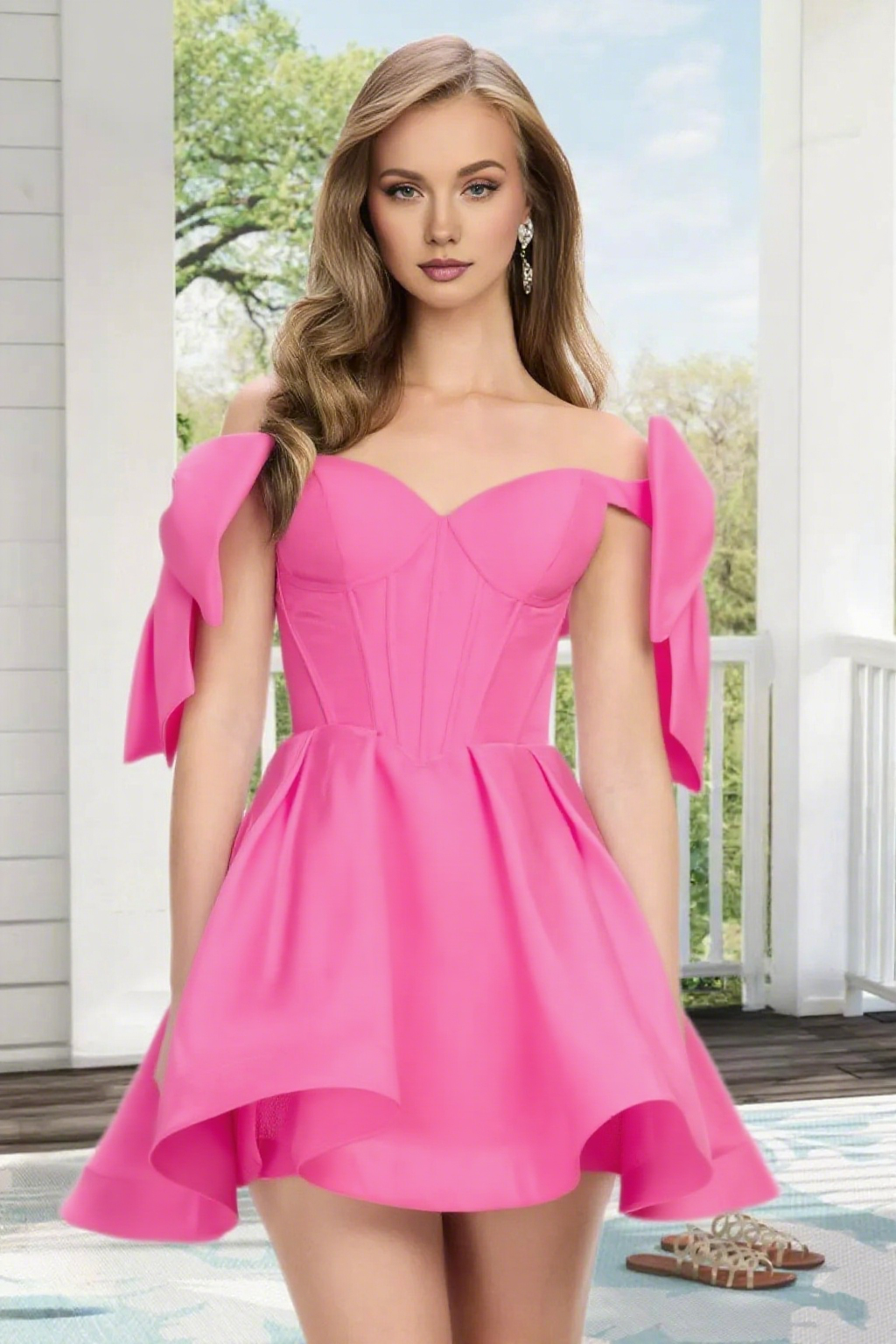 Dressime A Line Off The Shoulder Bow Corset Satin Mini Homecoming Dress