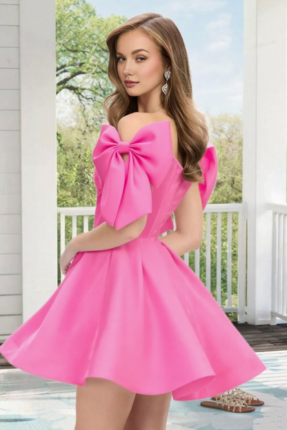 Dressime A Line Off The Shoulder Bow Corset Satin Mini Homecoming Dress