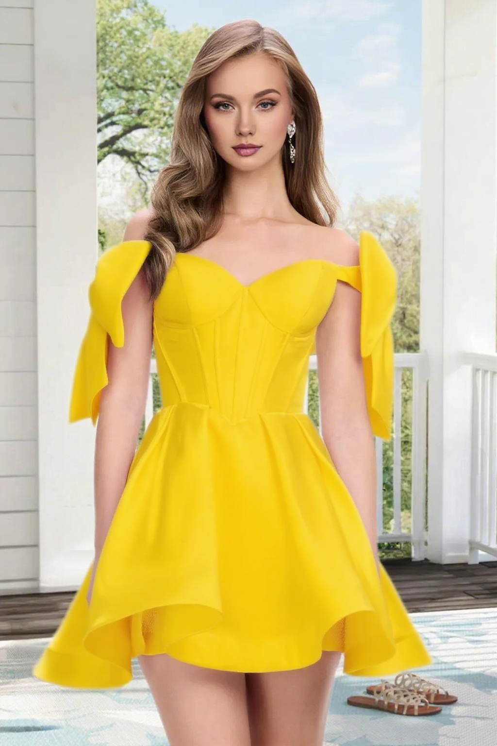 Dressime A Line Off The Shoulder Bow Corset Satin Mini Homecoming Dress