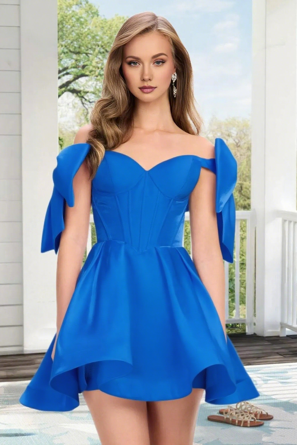 Dressime A Line Off The Shoulder Bow Corset Satin Mini Homecoming Dress