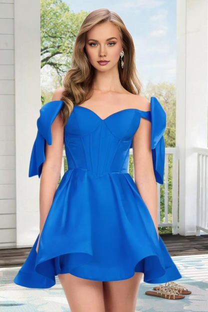 Dressime A Line Off The Shoulder Bow Corset Satin Mini Homecoming Dress