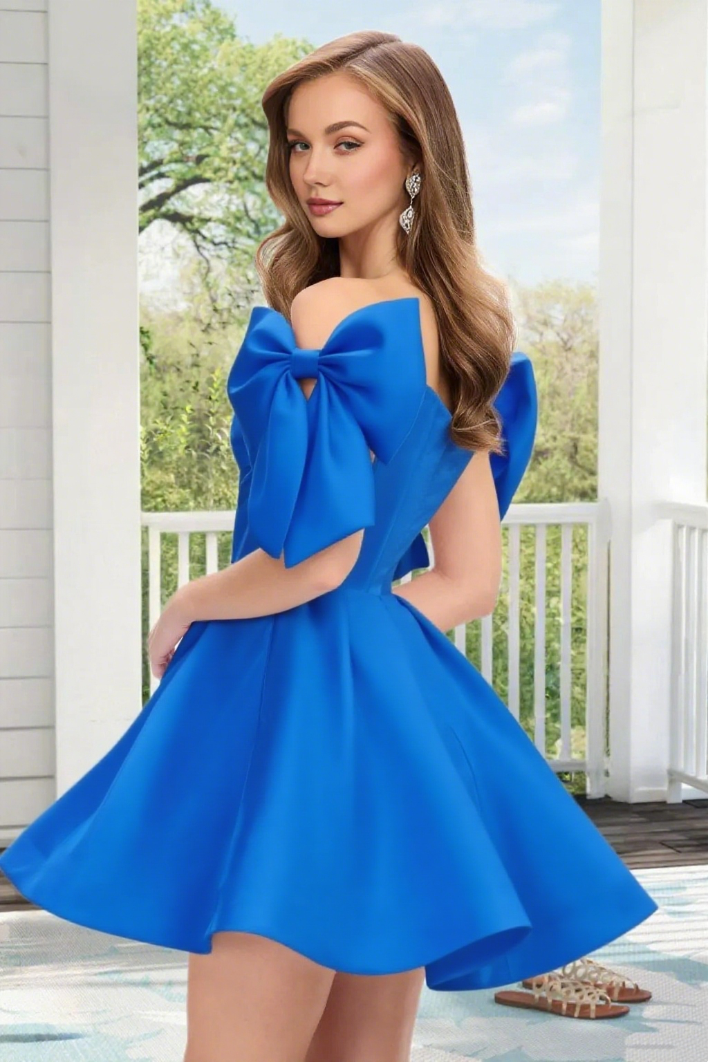 Dressime A Line Off The Shoulder Bow Corset Satin Mini Homecoming Dress