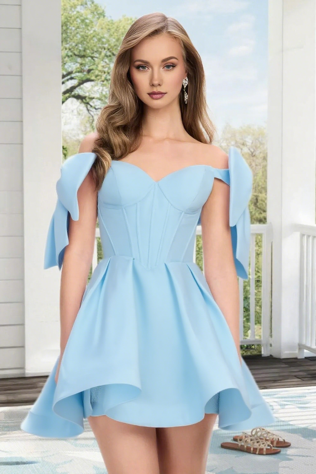 Dressime A Line Off The Shoulder Bow Corset Satin Mini Homecoming Dress
