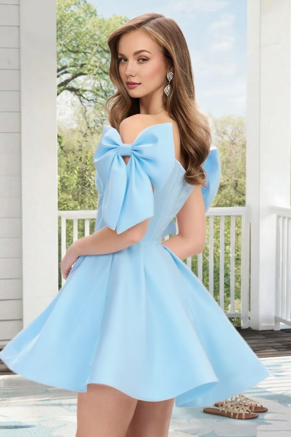 Dressime A Line Off The Shoulder Bow Corset Satin Mini Homecoming Dress
