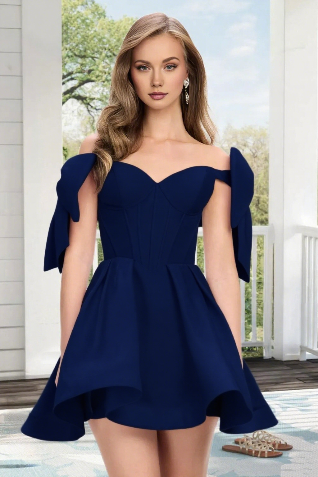 Dressime A Line Off The Shoulder Bow Corset Satin Mini Homecoming Dress