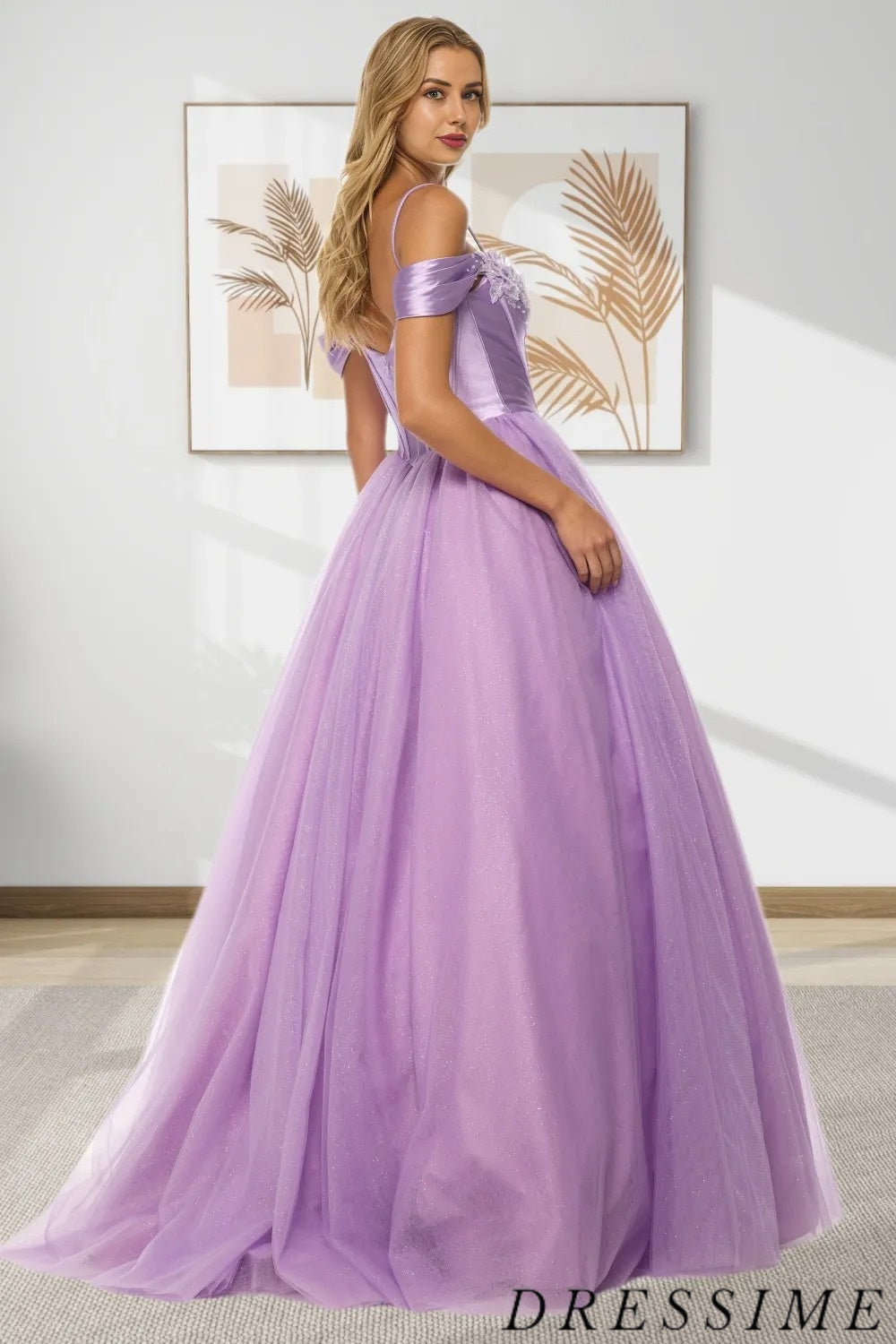 Dressime A-Line Off The Shoulder Tulle Satin Long Prom Dress
