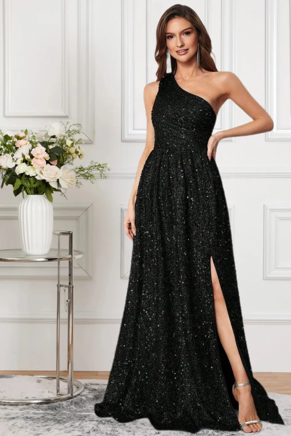Dressime Women Sparkly Black Sequin Formal Dress A Line One Shoulder Sequin Slit Long Party Dress dressime Dressime Women Sparkly Black Sequin Formal Dress A Line One Shoulder Sequin Slit Long Party Dress dressime