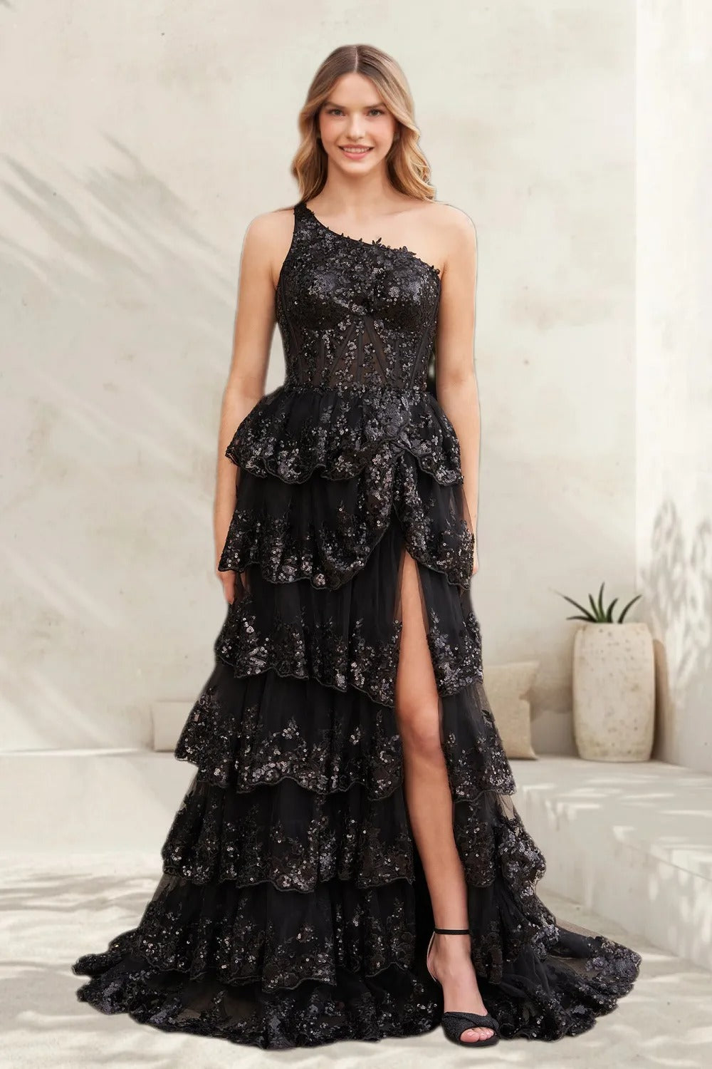 Dressime A Line One Shoulder Tulle Sequin-Embroidery Tiered Prom Dresses with Slit