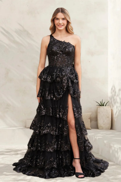Dressime A Line One Shoulder Tulle Sequin-Embroidery Tiered Prom Dresses with Slit