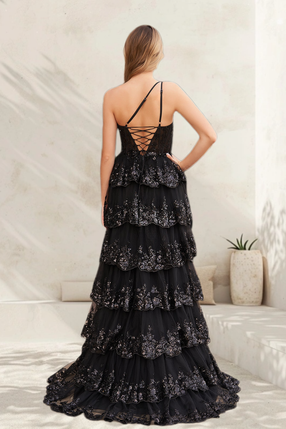 Dressime A Line One Shoulder Tulle Sequin-Embroidery Tiered Prom Dresses with Slit