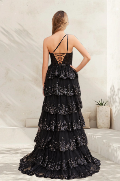 Dressime A Line One Shoulder Tulle Sequin-Embroidery Tiered Prom Dresses with Slit