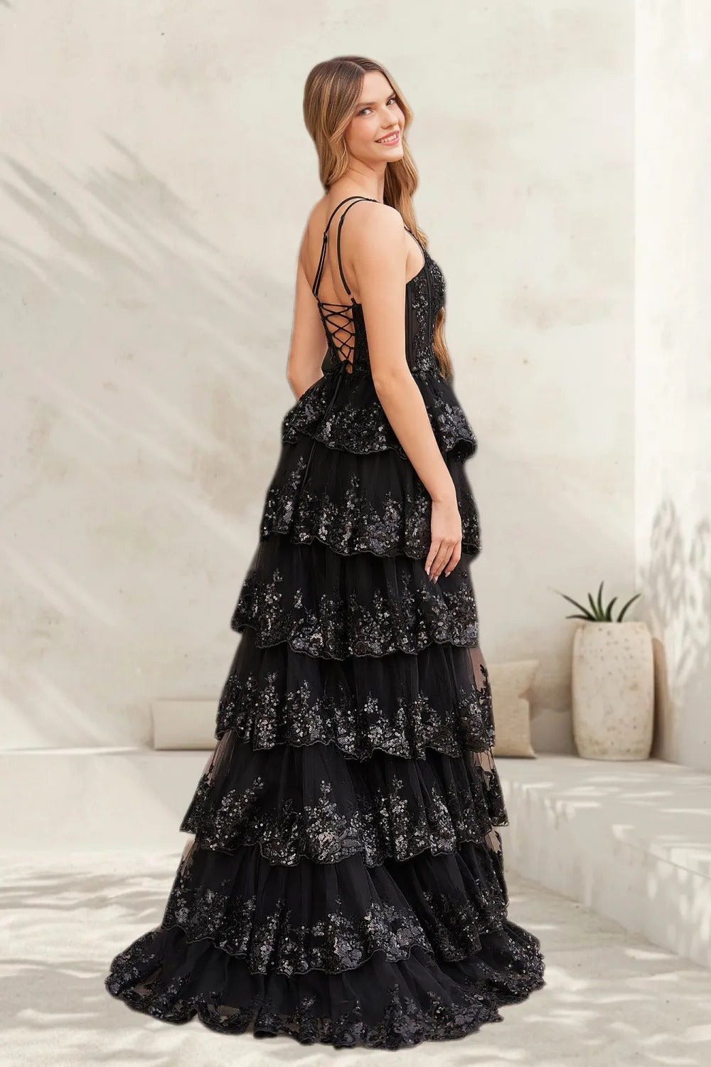 Dressime A Line One Shoulder Tulle Sequin-Embroidery Tiered Prom Dresses with Slit