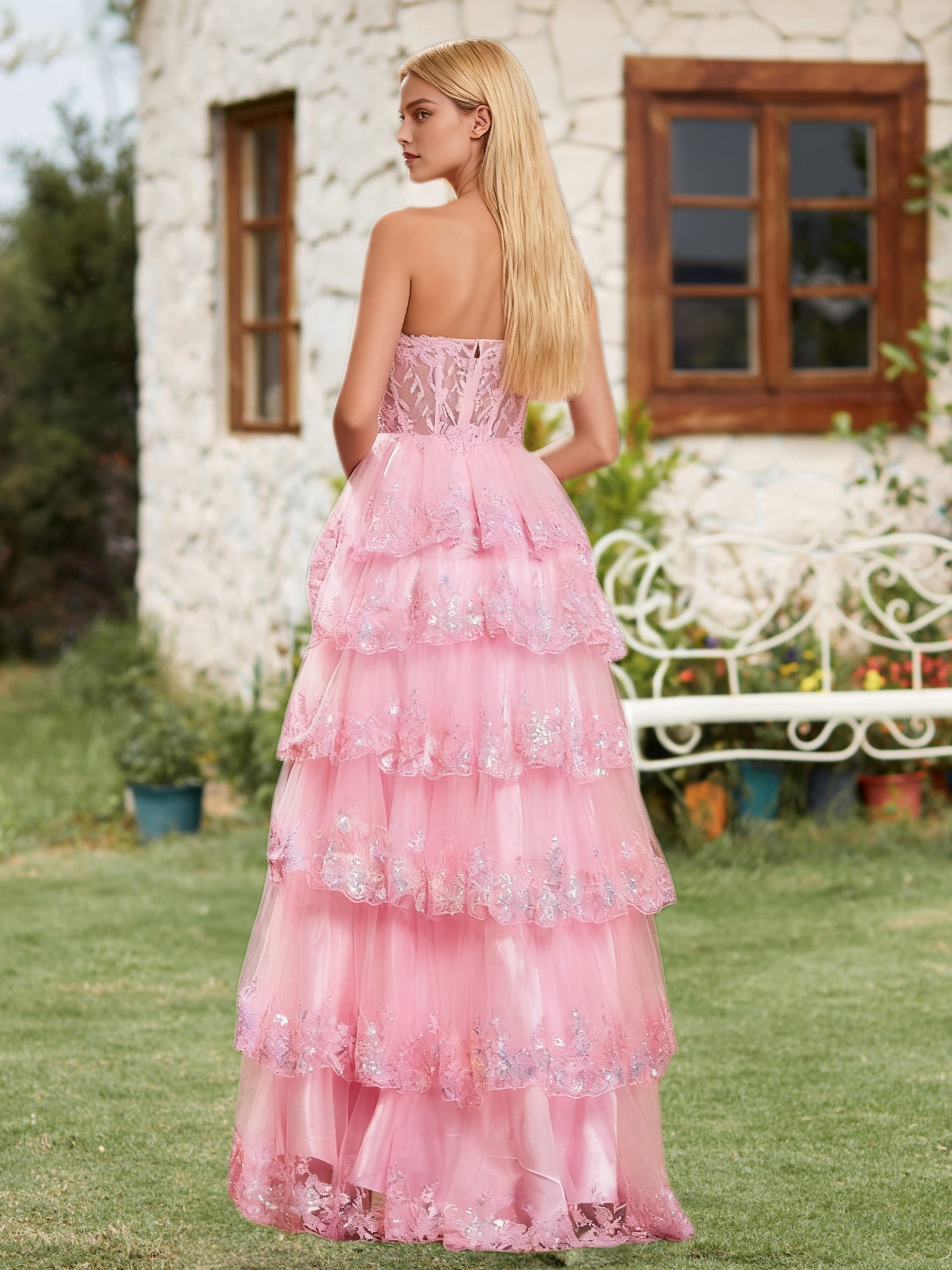 Dressime A Line One Shoulder Tulle Sequin-Embroidery Tiered Prom Dresses with Slit