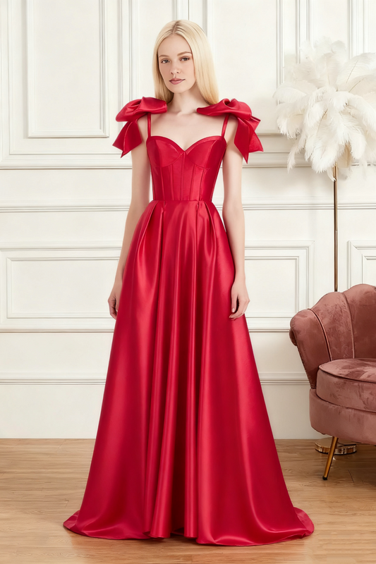 Dressime A Line Spaghetti Straps Bow Corset Satin Long Prom Dress
