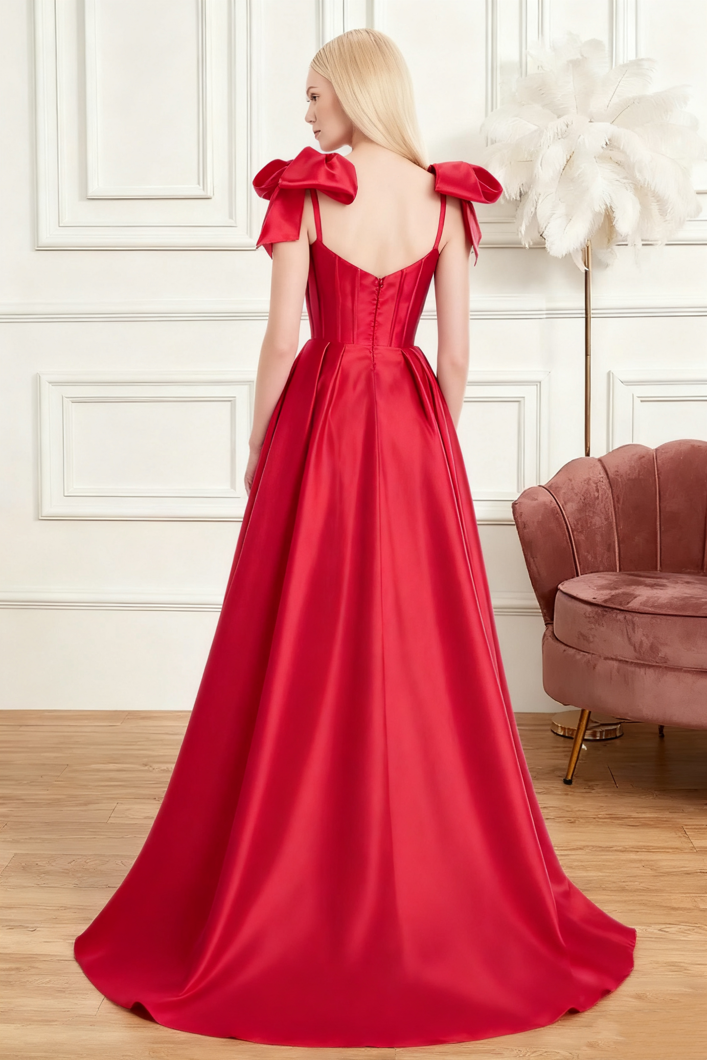 Dressime A Line Spaghetti Straps Bow Corset Satin Long Prom Dress
