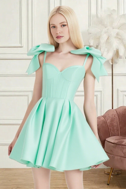 Dressime A Line Spaghetti Straps Bow Corset Satin Mini Homecoming Dress