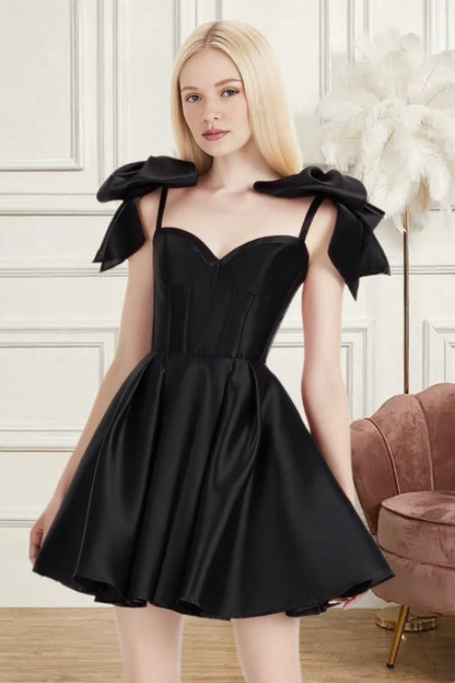 Dressime A Line Spaghetti Straps Bow Corset Satin Mini Homecoming Dress