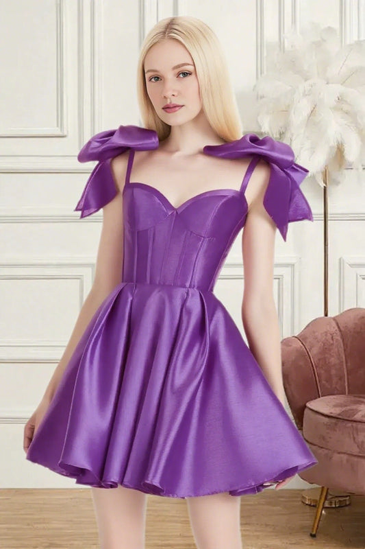 Dressime A Line Spaghetti Straps Bow Corset Satin Mini Homecoming Dress