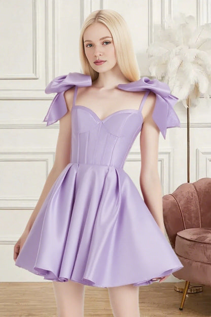 Dressime A Line Spaghetti Straps Bow Corset Satin Mini Homecoming Dress
