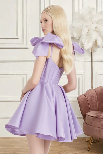 Dressime A Line Spaghetti Straps Bow Corset Satin Mini Homecoming Dress