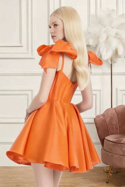 Dressime A Line Spaghetti Straps Bow Corset Satin Mini Homecoming Dress