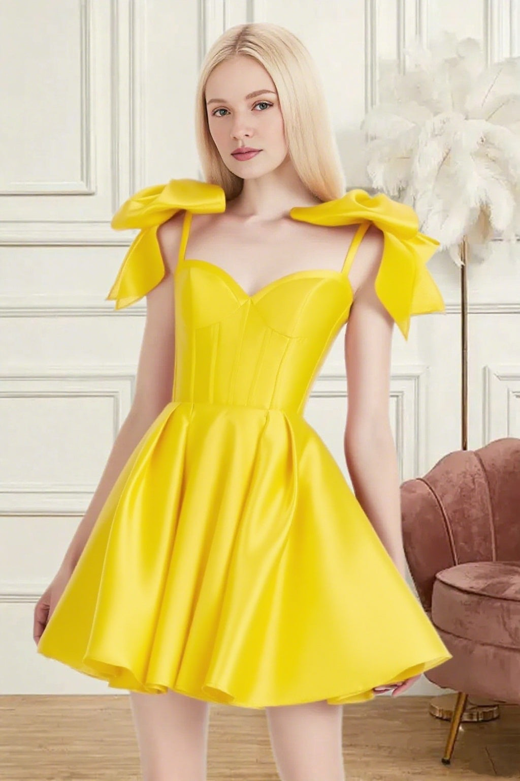 Dressime A Line Spaghetti Straps Bow Corset Satin Mini Homecoming Dress