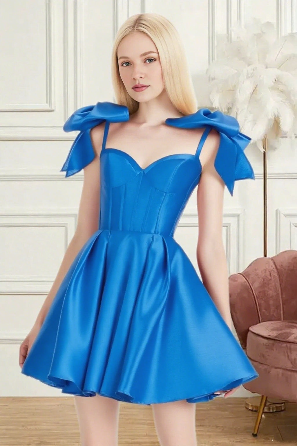 Dressime A Line Spaghetti Straps Bow Corset Satin Mini Homecoming Dress