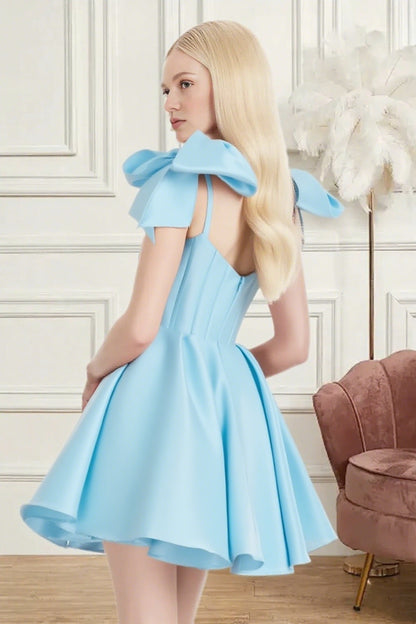 Dressime A Line Spaghetti Straps Bow Corset Satin Mini Homecoming Dress
