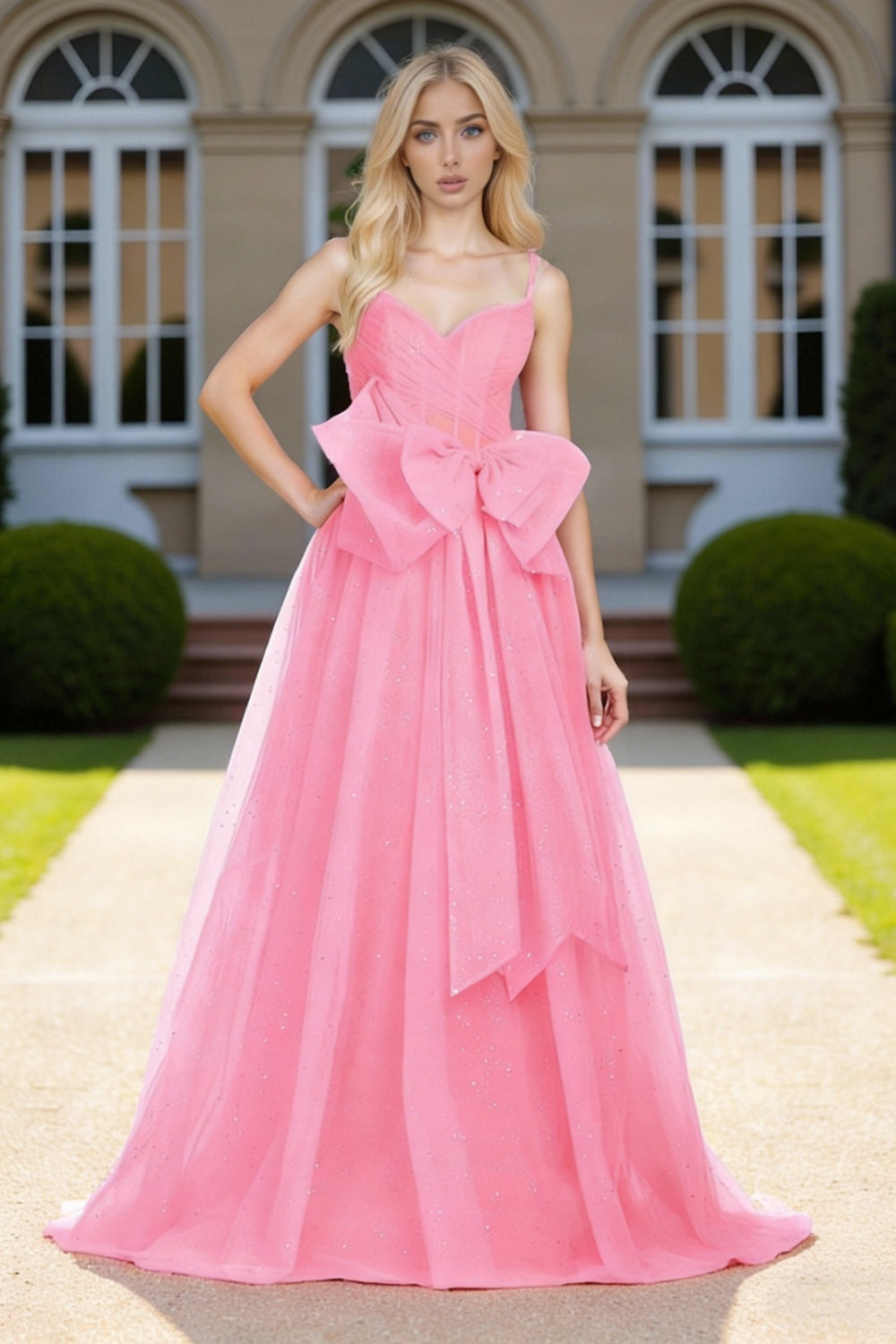Dressime Chic A Line Spaghetti Straps Corset Bow Tulle Long Prom Dress